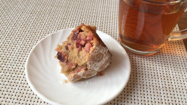 Cupcake with frozen cherries and oatmeal