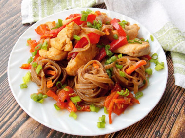 Soba with chicken and vegetables buckwheat noodles