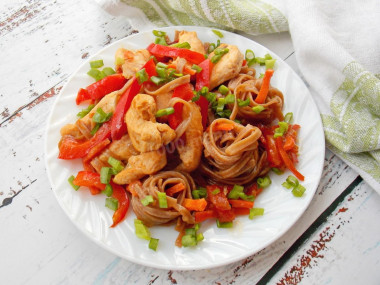 Soba with chicken and vegetables buckwheat noodles