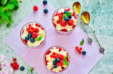 Red velvet trifles in cups with cream cheese