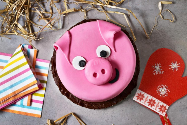 Sponge cake with cherry souffle Pig