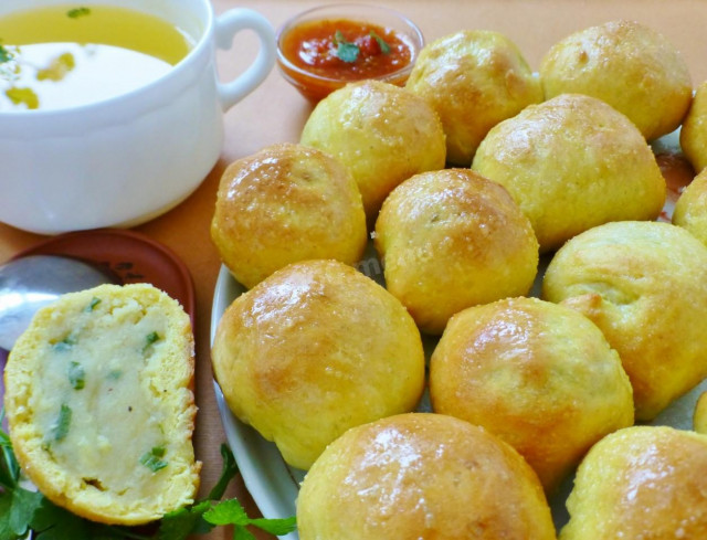 Pies with potato-spicy filling of yeast dough