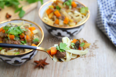 Fried lagman in Uzbek style