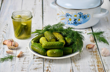 Lightly salted cucumbers in a saucepan in a hot way