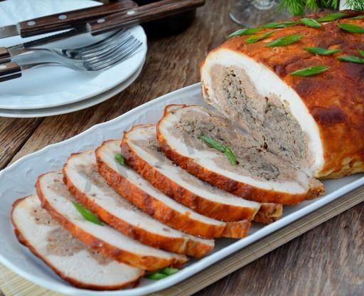 Chicken stuffed with pork mushrooms and beans