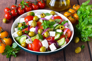 Greek salad with sirtaki cheese and tomatoes classic