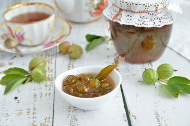 Royal emerald gooseberry jam with cherry leaf