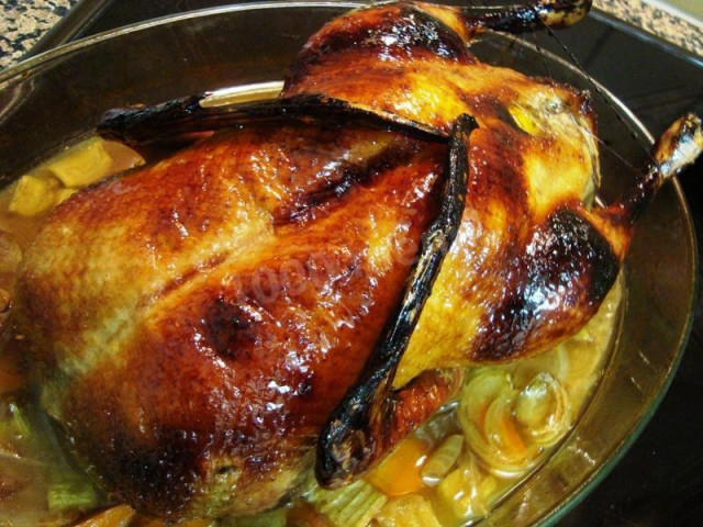 Whole baked duck in sauce with onions and citrus fruits