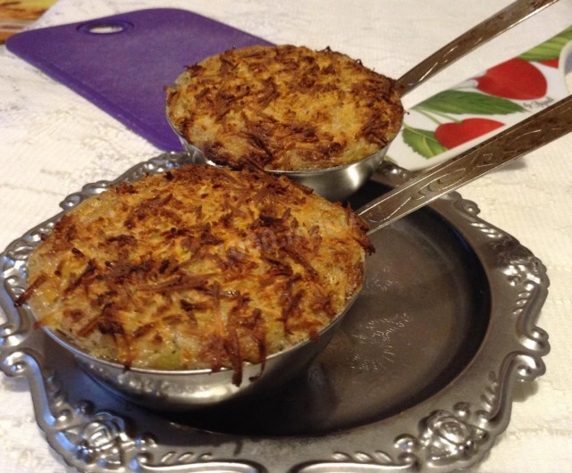 Julienne with oyster mushrooms, hard cheese and cream in the oven