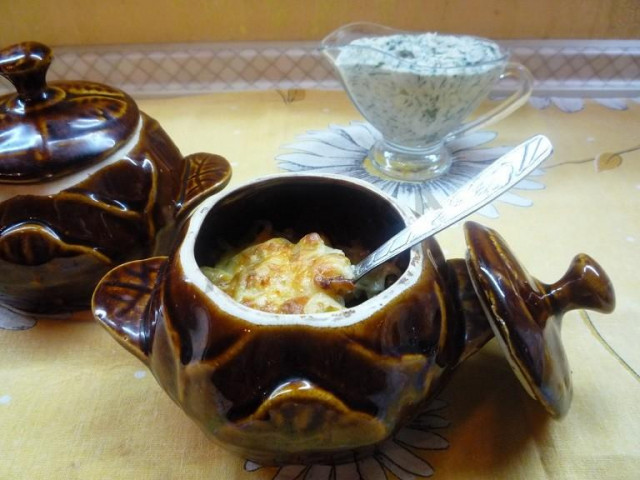 Julienne of squid with mushrooms in the oven