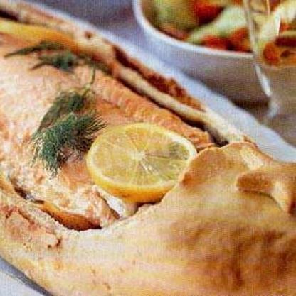 Salmon baked in the oven in a dough