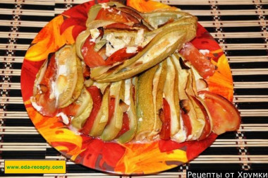 Snack Eggplant fan with tomatoes and soft feta cheese