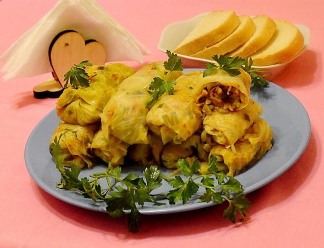 Cabbage rolls with mushrooms and rice