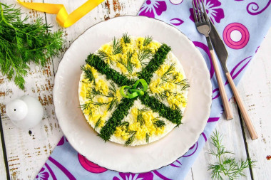 Mimosa salad with potatoes and canned food classic