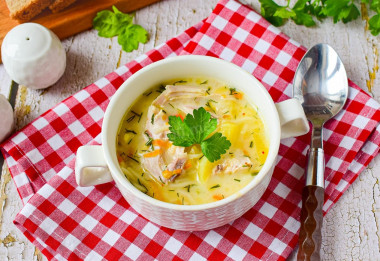 Chicken soup with melted cheese and vermicelli