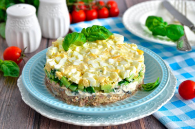 Canned mackerel salad with egg and cucumber