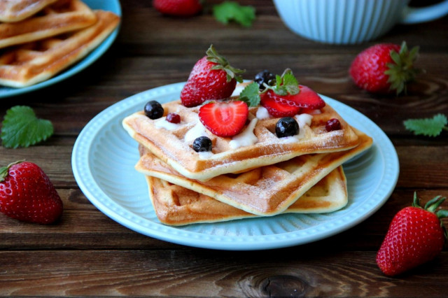 Viennese waffles on sour cream in an electric waffle iron