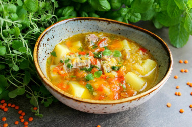 Lentil soup with meat and potatoes