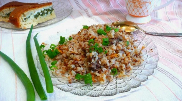 Buckwheat with stewed meat and mushrooms in a slow cooker