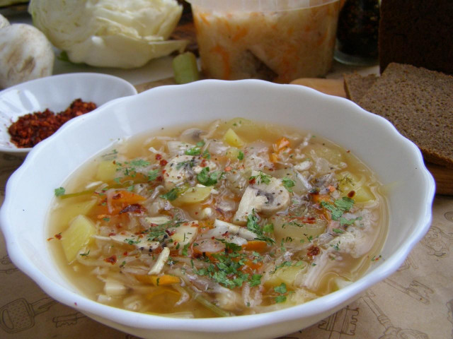 Lean cabbage soup from fresh and sauerkraut in a slow cooker