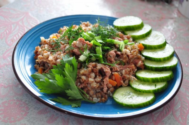 Buckwheat with stewed ham in a slow cooker