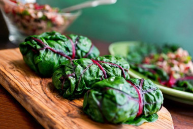 Chard cabbage rolls with shrimp and steamed rice