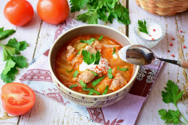 Cabbage soup with stewed fresh cabbage