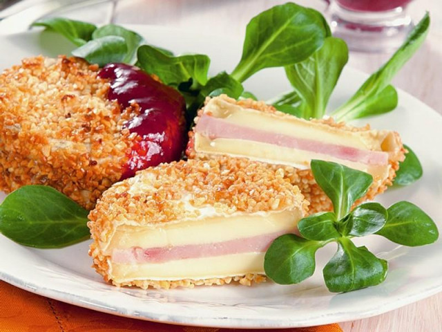 Deep-fried camembert with ham