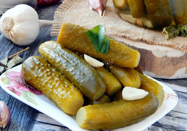 Homemade pickled cucumbers crispy in jars for winter