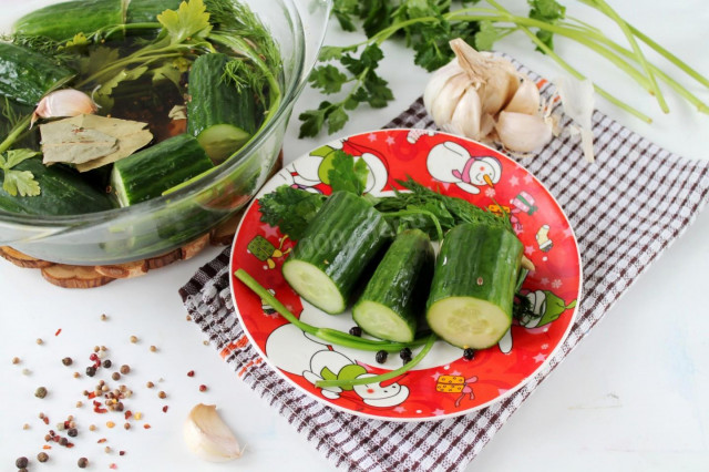 Lightly salted cucumbers in brine in a saucepan