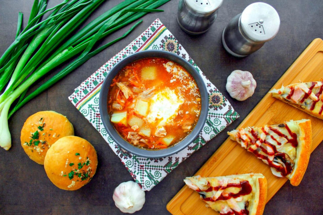 Rice soup with meat and potatoes