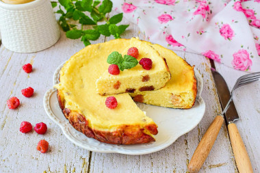 Cottage cheese casserole in a frying pan on the stove