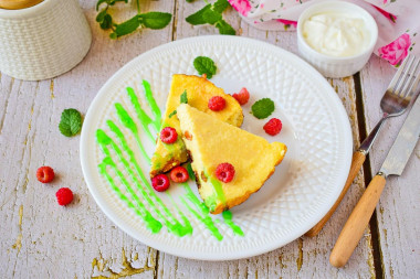 Cottage cheese casserole in a frying pan on the stove