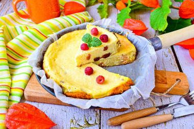 Cottage cheese casserole in a frying pan on the stove