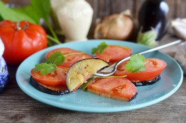 Fried eggplant with tomatoes and garlic