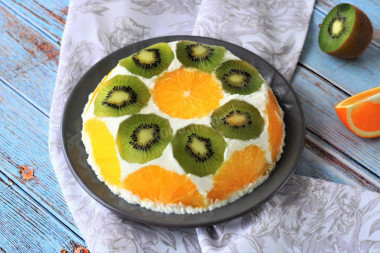 Cake without baking with gelatin and fruits