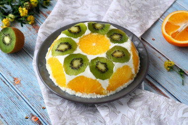 Cake without baking with gelatin and fruits