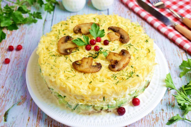 Salad with pineapple mushrooms and chicken in layers