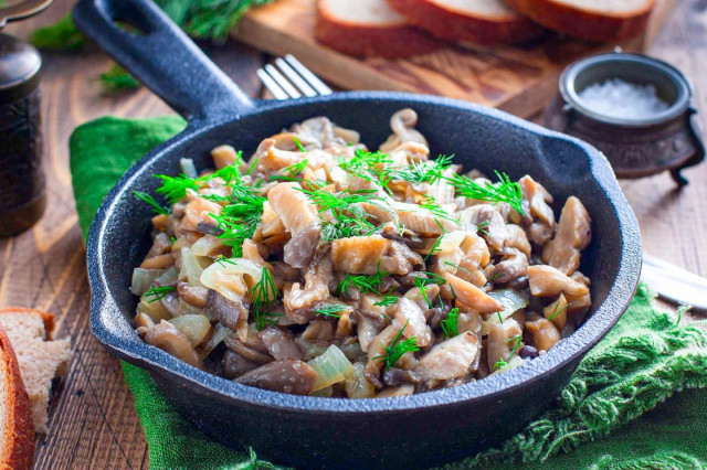 Oyster mushrooms fried in a frying pan