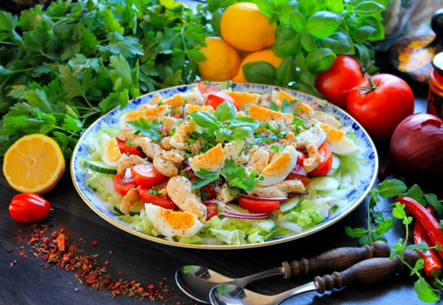 Salad Peking cabbage chicken breast cucumber egg tomatoes