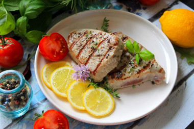 Tuna steak fried in a frying pan