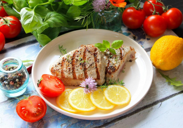 Tuna steak fried in a frying pan