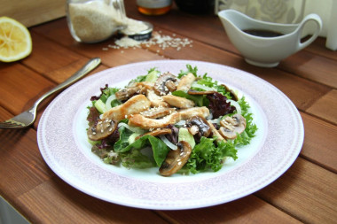 Salad with fried mushrooms cucumber and chicken without mayonnaise