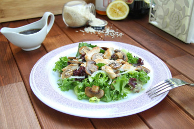 Salad with fried mushrooms cucumber and chicken without mayonnaise