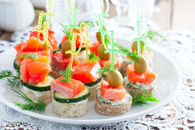 Salmon canapes on skewers