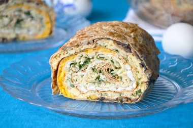 Pita bread roll with mushrooms and cheese in oven