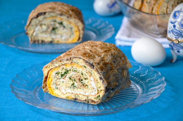 Pita bread roll with mushrooms and cheese in oven