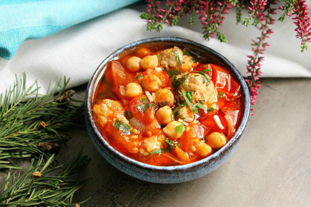 Eintopf German soup with chickpeas and meat balls