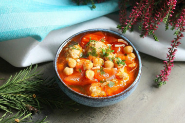 Eintopf German soup with chickpeas and meat balls