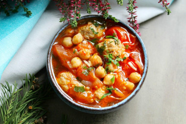 Eintopf German soup with chickpeas and meat balls